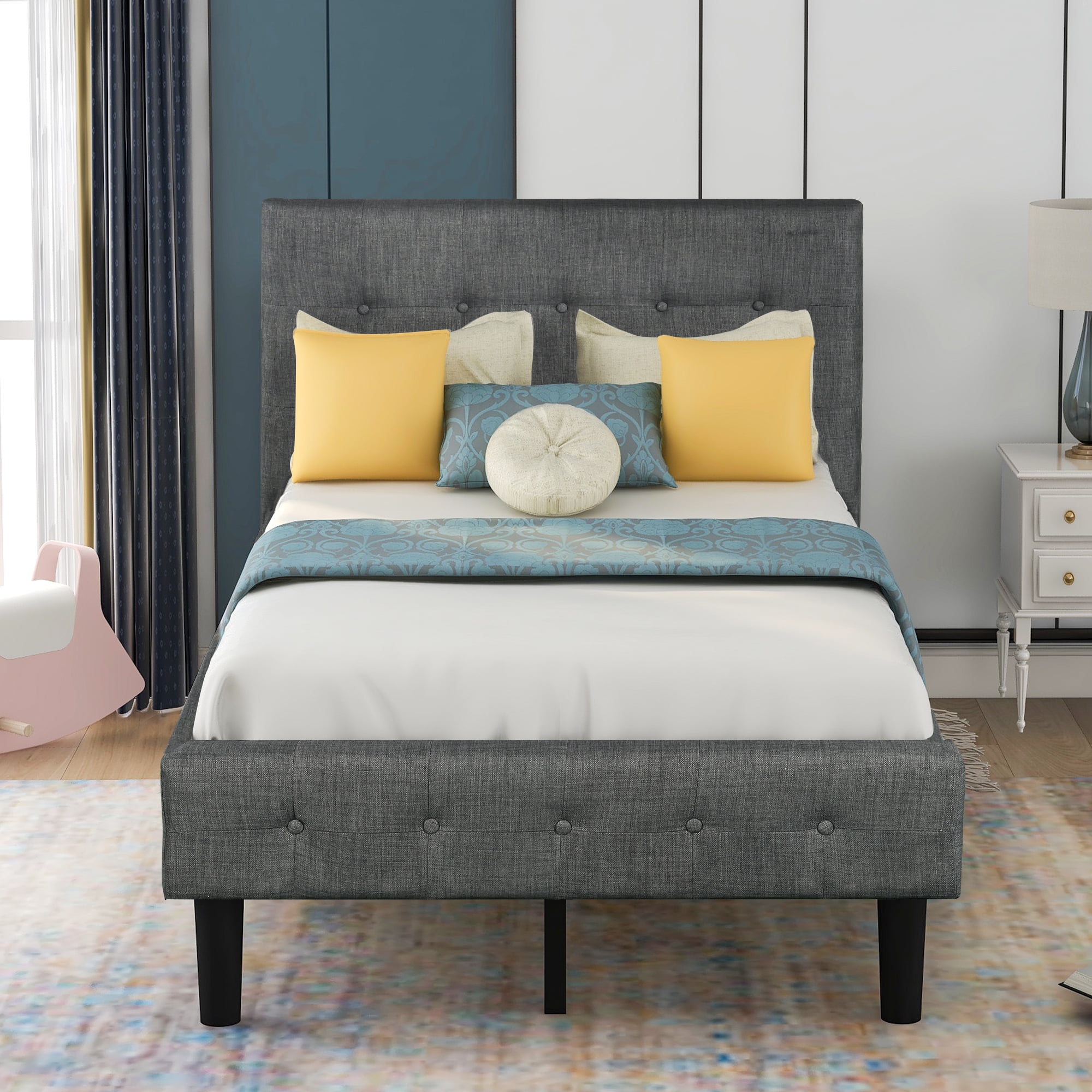 Details about   Twin/Queen Upholstered Bed Frame With Wood Slats Button Platform Headboard Bed 