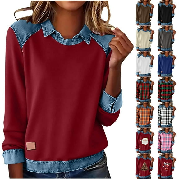 JTZGDY Christmas Lapel Denim Stiching Pullover Sweatshirts for Women Long Sleeve Holiday Shirts Lightweight Casual Buffalo Plaid Patchwork Funny Xmas Pattern Graphic Tees Tops Brown L