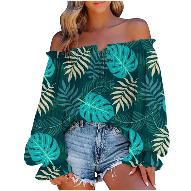 Top de manga larga con lazo de manga farol elegante con estampado de un hombro para mujer de primavera y otoño Pompotops FGAJ20212