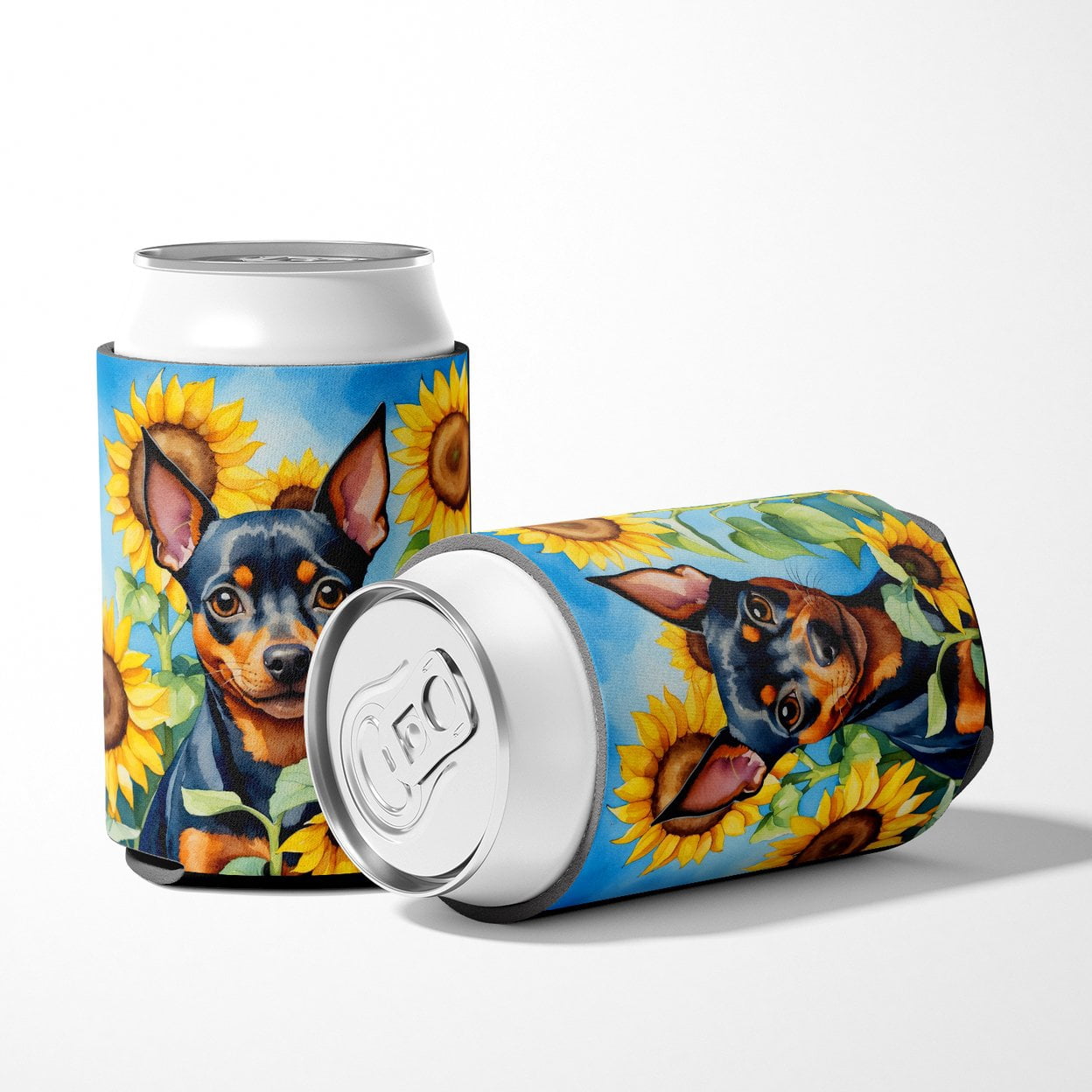 Miniature Pinscher in Sunflowers Can or Bottle Hugger 3 in x 5 in