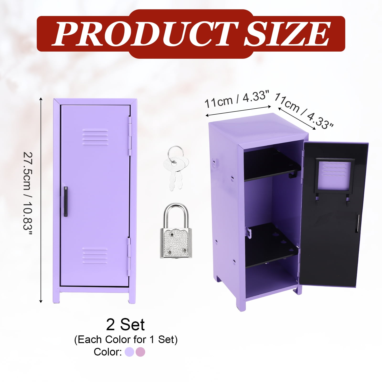 Mini Locker 4.3 x 10.8 Inch, 2 Pcs Small Locker with Lock Keys, Metal Money Safe Storage Box for Desk Bedroom, Light Purple/Purple