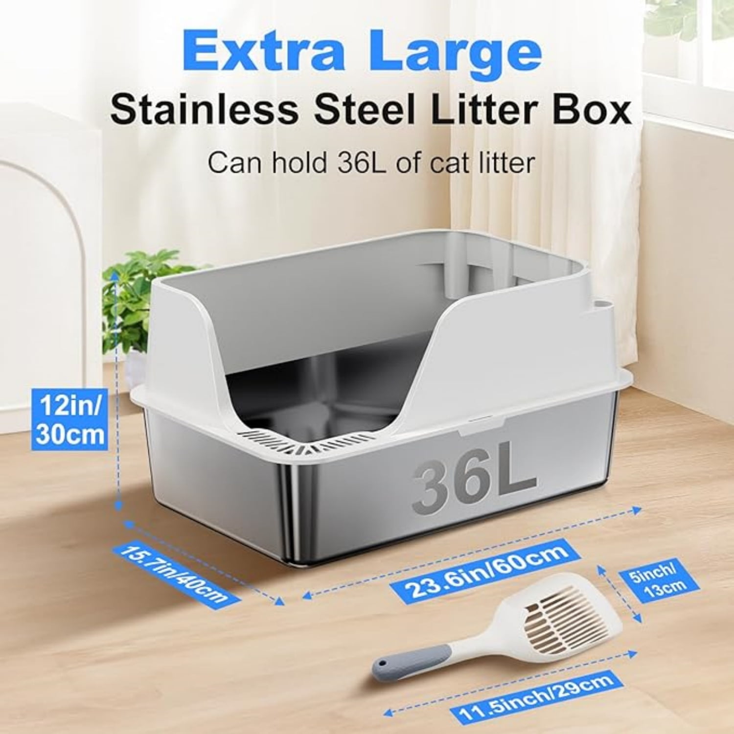 Non-Stick Stainless Steel Litter Box, XL Side Opening Splash-Proof & Leak-Proof Seamless Seal, Large Capacity, Cat Litter Box with Lid for Multi-Cats, Easy-Clean & Durable (White)