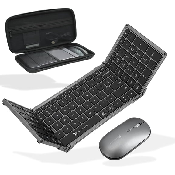 X9 Performance Foldable Keyboard and Mouse Wireless - (BT 2.4Ghz) - Carrying Case, Phone Stand, Full Sized 106 Keys, Rechargeable - Portable Travel Bluetooth Keyboard and Mouse Set - Space Gray