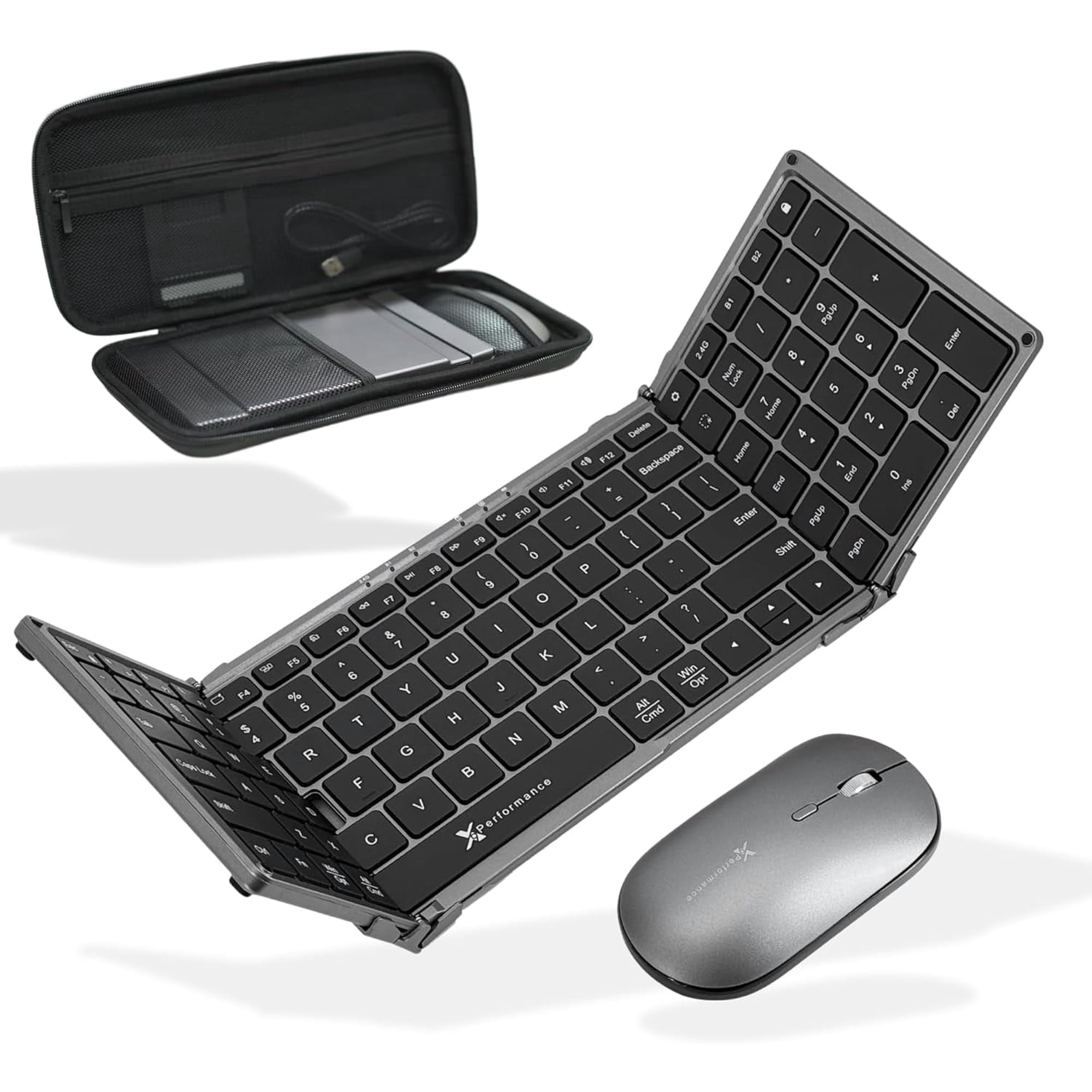 X9 Performance Foldable Keyboard and Mouse Wireless - (BT + 2.4Ghz) - Carrying Case, Phone Stand, Full Sized 106 Keys, Rechargeable - Portable Travel Bluetooth Keyboard and Mouse Set - Space Gray