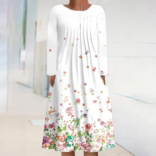 pstuiky Robes pour Femmes Grande Taille, Robes Décontractées pour Femmes à Col Rond, Manches Longues, Pliées, à Imprimé Floral, Robes Midi Économies d'Été