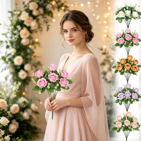 Gcvizuso Artificial Flowers, 7 Heads Artificial Silk Rose Bouquet, Realistic Faux Rose Blooms, Fake Flower Arrangement For Wedding Bridal Bouquet Photo Shooting Decor