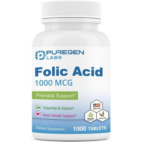 Puregen Labs Prenatal Support Folic Acid - Vitamin B9 1000 mcg - 1000 Tablets - Made in USA