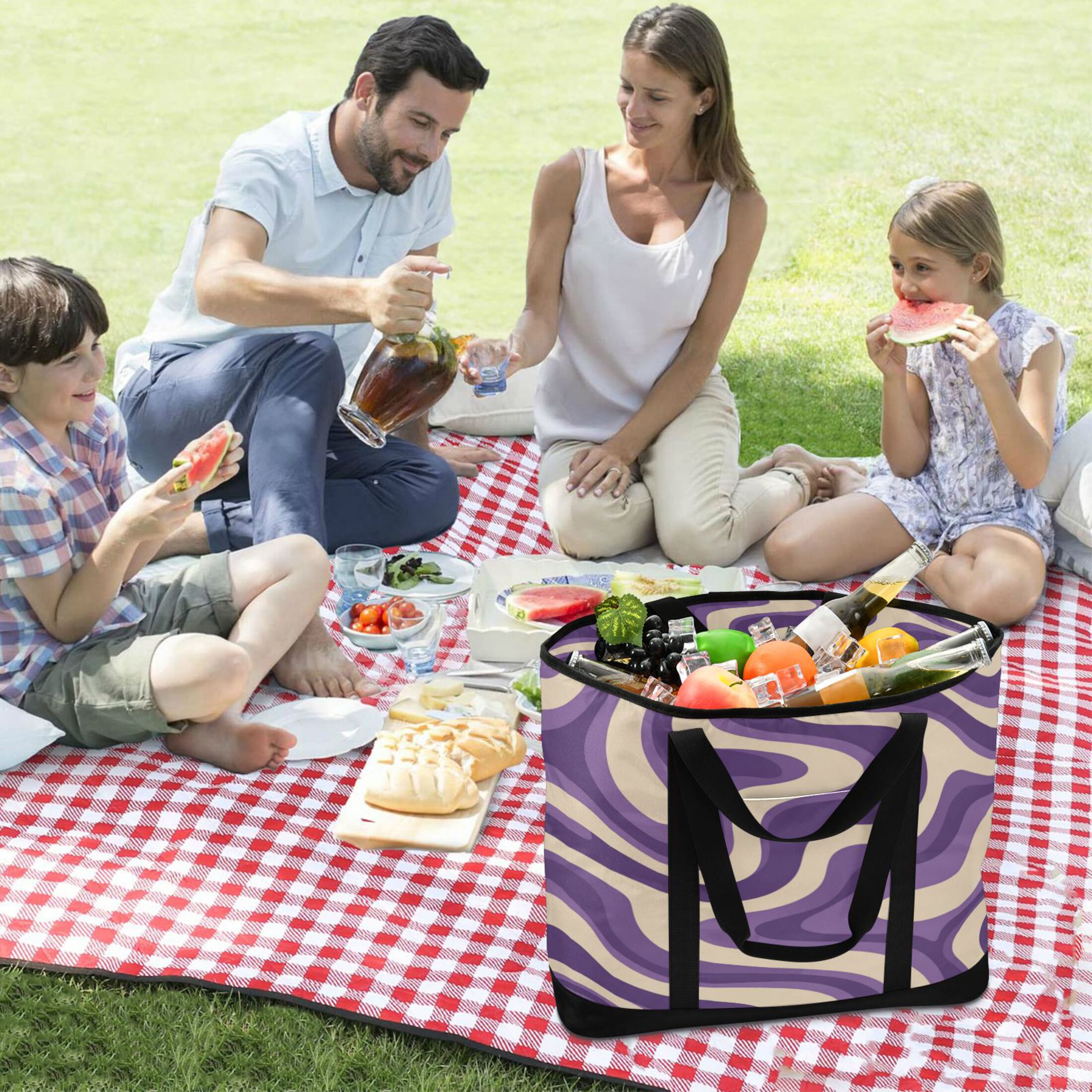 Extra-Large Wide Opening Design Capacity Hand-Held Ice Pack Thickened Insulation Layer For Long-Lasting Cold Retention For Outdoor Shopping Picnics And Camping Purple Creamy Pattern