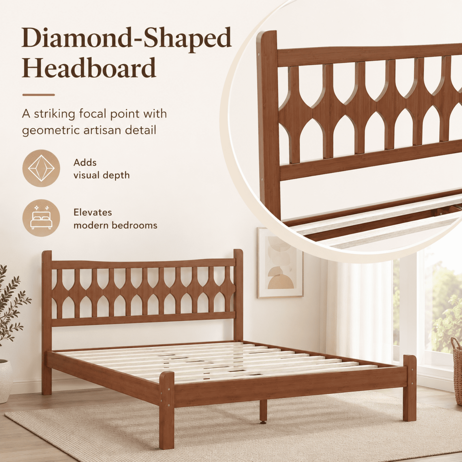 Miniyam Queen Size Bamboo Platform Bed Frame with Geometric Headboard, Brown