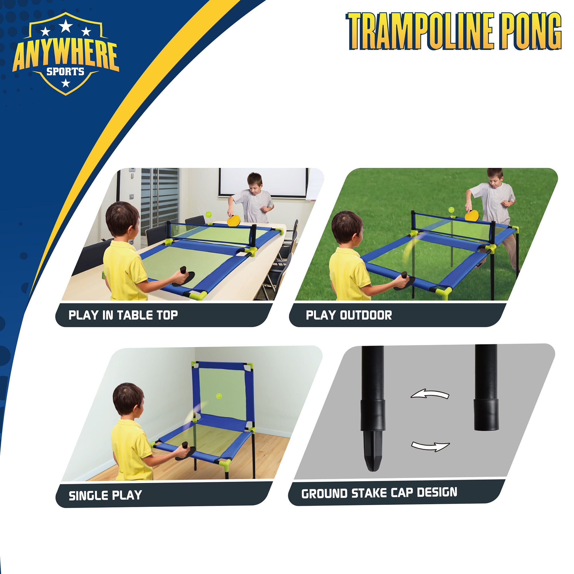 Anywhere Sports: Trampoline Pong - 10pc Portable Table Tennis Game Set, Bouncy Surface, Paddles-Balls-Carry Bag, In-Outdoor, Kids 3+, 1 - 2 Players