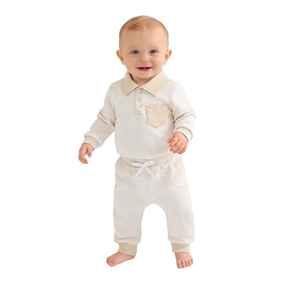 LEKWK Baby Boys Gentleman Outfit Long Sleeve Collar Sweatshirt and Drawstring Pants Houndstooth Print Soft Cotton Casual Playwear