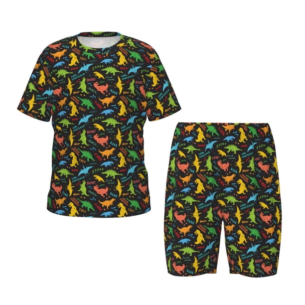 Fotbe Cartoon Dino Pijama Estampada de 2 Piezas para Niños – Ropa de Dormir de Manga Corta Cómoda para Niños y Niñas, Camiseta y Shorts de Algodón-XX-Large