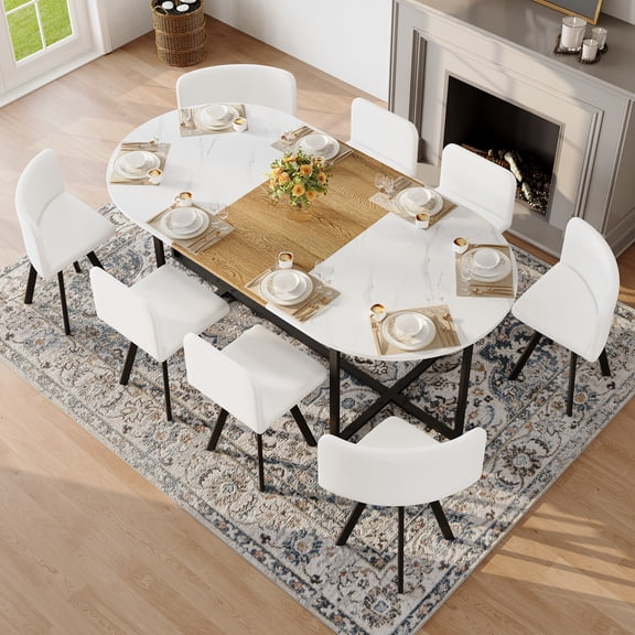 JUFU 78.7" Dining Table Set for 8, 9 Piece Kitchen Table Set with 8 PU Leather Chairs, Large Rectangular Dining Room Table Set, Modern Farmhouse Wood Dining Set for Home & Apartment