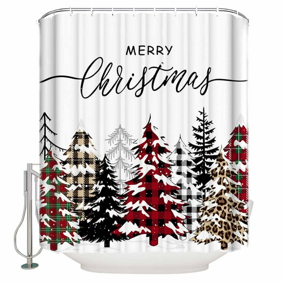 Extra Long Shower Curtain 72x96 Inch, Xmas Tree Christmas Shower Curtain Waterproof Bathroom Decor Snowflake Red Green Brown Fabric Bath Curtain Set Accessories with Hooks