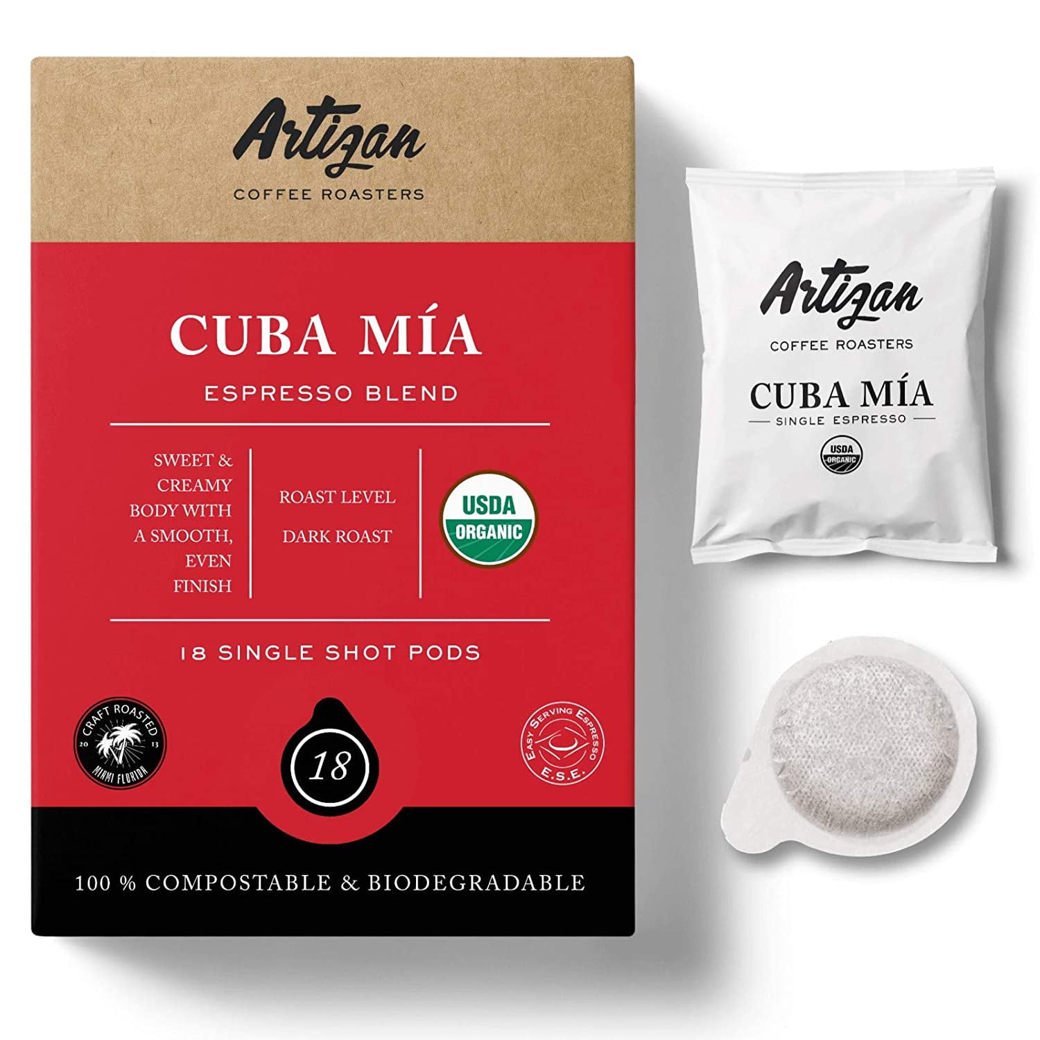 Organic Authentic Cuban Espresso  | Cuba Mia Single Espresso ESE Coffee Pods | 45mm | High Intensity | Low Acidity | Dark Roast | 7g | Freshly Roasted in Miami, FL | 18 Pod