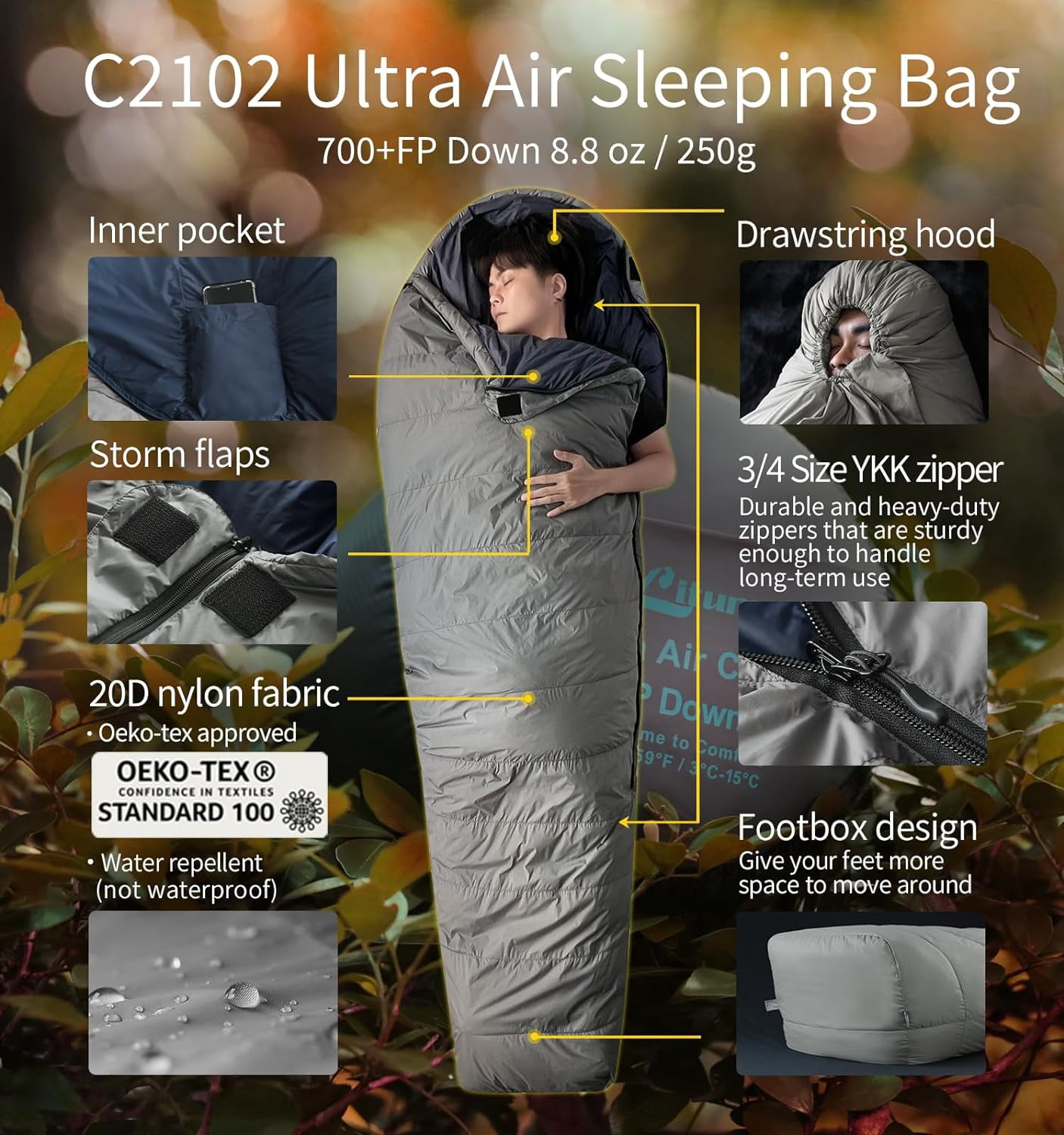 Litume Down Mummy Sleeping Bag, Ultra Lightweight 1.3 lbs, 700 Fill Power, 50°F/ 10°C, Compact Sleep Sack for Warm Weather Camping, Hiking, Travel – C2102