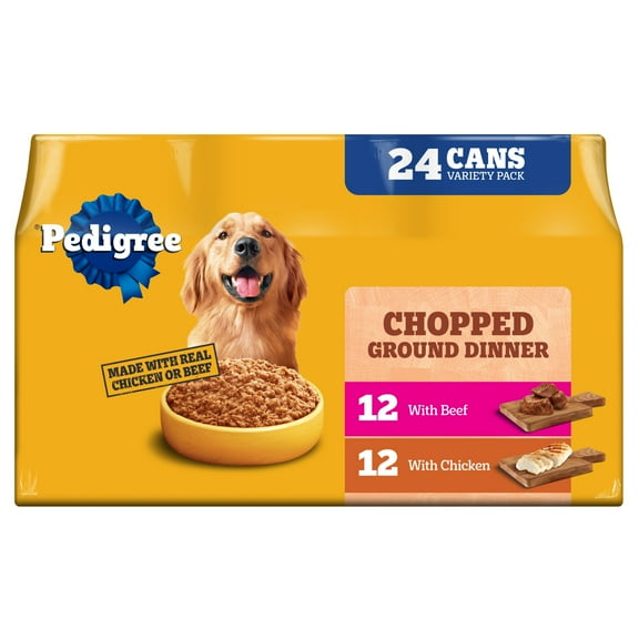 Pedigree Chopped Ground Dinner Chicken & Beef Variety Pack Wet Dog Food, (24) 13.2 oz Cans