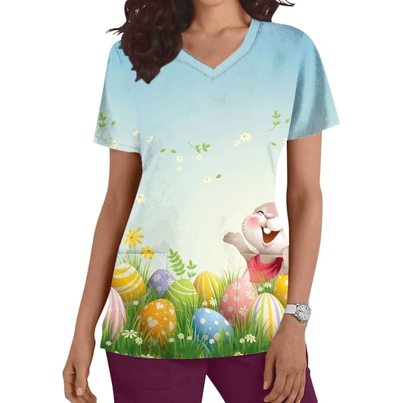 BEFOKA Graphic Scrub Tops Women Short Sleeve V Neck Scrub for Womens Cute Printed Nursing Uniforms Shirts with Pockets Classic Holiday Scrub Shirt