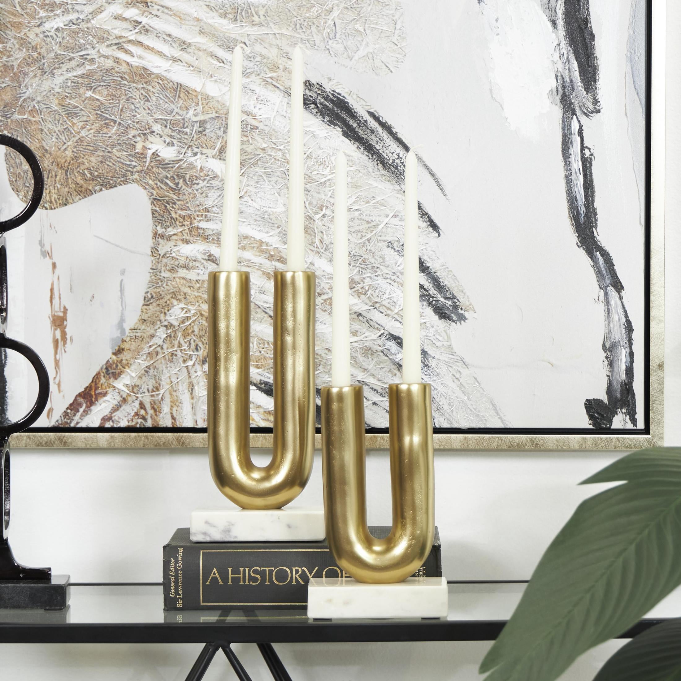 DecMode 4 Candle Gold Aluminum Metal Geometric U-Shaped Candle Holder with Marble Bases, Set of 2