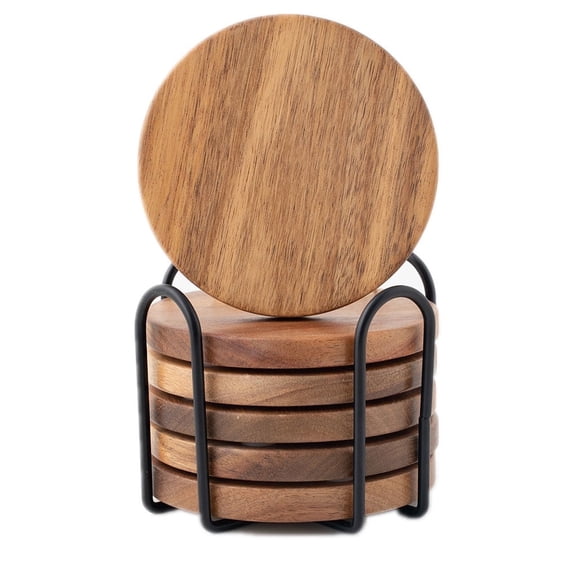 Wood Coasters for Drinks Tabletop Protection with Holder Set of 6, Acacia Wooden Coasters for Coffee Table Dining Table Desk Round with Non-Slip Pad Cup Coasters for Home Office