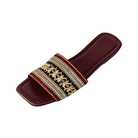 

YanHoo Women s Beach Flat Sandals Square Open Toe One Line Slip-on Sandal Summer Casual Holiday Slippers