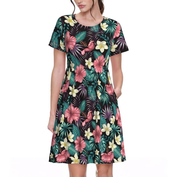 Balery Green Tropical Leaves Vestidos sueltos de manga corta para mujer, vestidos de verano 2025, vestidos casuales de corte A con vuelo.