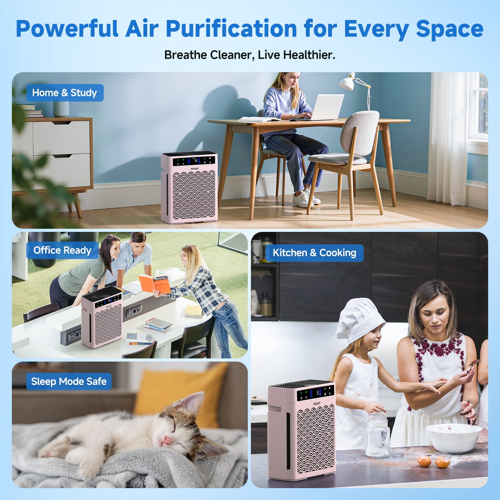 PRASKY Air Purifier for Home up to 2250 Sq Ft Coverage, True HEPA Filter for Pets, Smoke & Allergies | Quiet & Portable for Bedroom/Living Room (Pink)