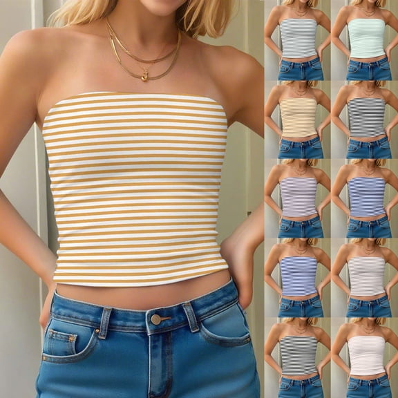 Avtoify Women's Solid Color Style Double-Layer Striped Tube Top