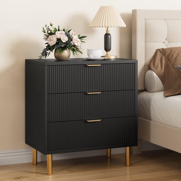 AKDSteel Natural 3 Drawer Dresser, 30” Tall Modern Wood Organizer With Metal Legs For Bedroom Or Hallway