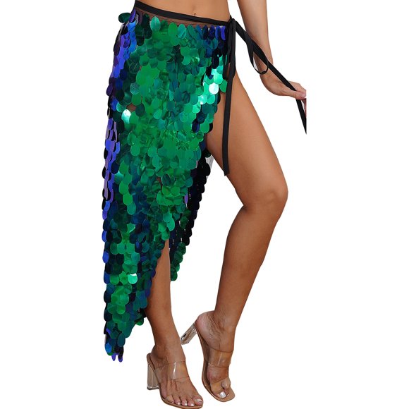 Xnihocha Jupe à Sequins Scintillants pour Femmes Jupe Longue de Danse du Ventre Jupe de Fête Rave Costume de Danse Vert m