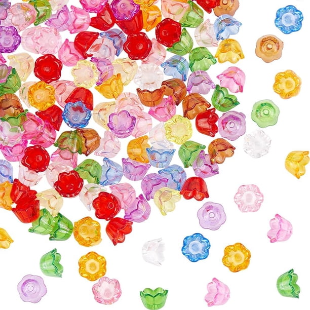 600 tapas de cuentas de flores acrílicas transparentes, a granel, flores de tulipán, campanas de colores, lirios, espaciadores florales, tapas de cuentas sueltas