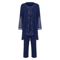 LiiYii Mother of the Bride Skin Friendly Women's Pant Suits for Wedding Cocktail Party, Polyester Navy Blue Floral Evening, Plus Size L/0XL