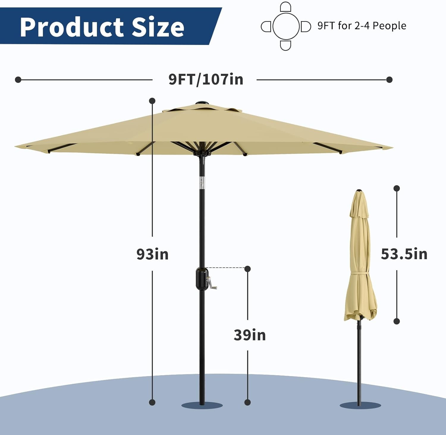 Garvee Outdoor Octagon Patio Umbrella, 8.69 x 8.69 x 7.87 ft, 8 Sturdy Ribs, Beige