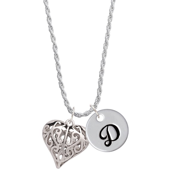 Delight Jewelry Silvertone Large Open Filigree Heart Silvertone Script Initial Disc - D - Charm Necklace, 20"+3"