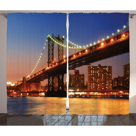 New York Curtains 2 Panels Set, Manhattan Bridge with Night Lights over Hudson River Brooklyn Popular Town Image, Window Drapes for Living Room Bedroom, 108W X 84L Inches, Blue Orange, by