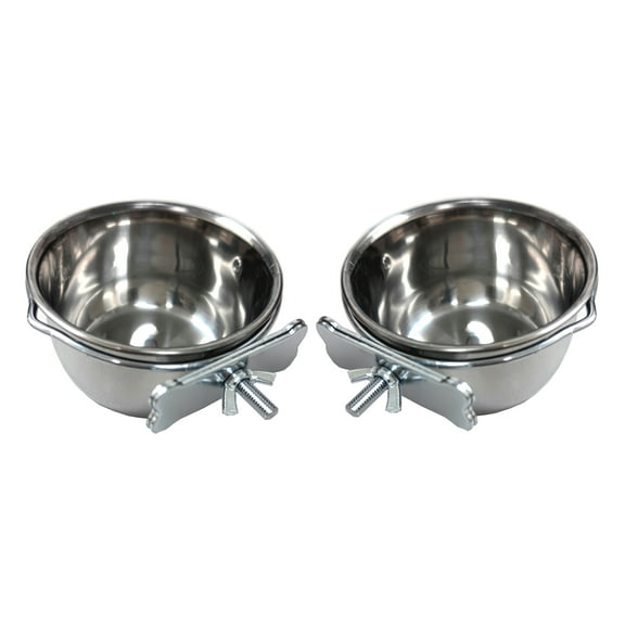 Lot of 2 Bird Parrot Cage Stainless Steel Seed Water Feeder Replacement 4-Inch Wide 2-Inch Deep Cups with Adjustable Cage Holders