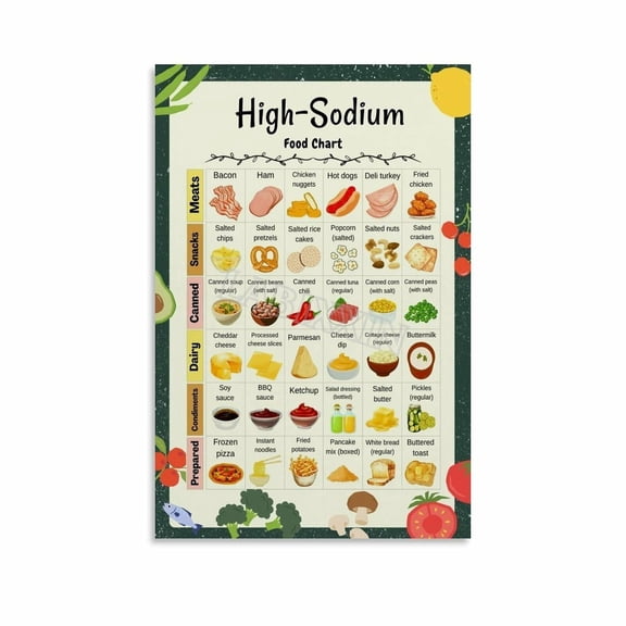 High Sodium Food Chart Poster Healthy Diet List Guide Kitchen Decor Canvas Painting for Living Room Bedroom Decor