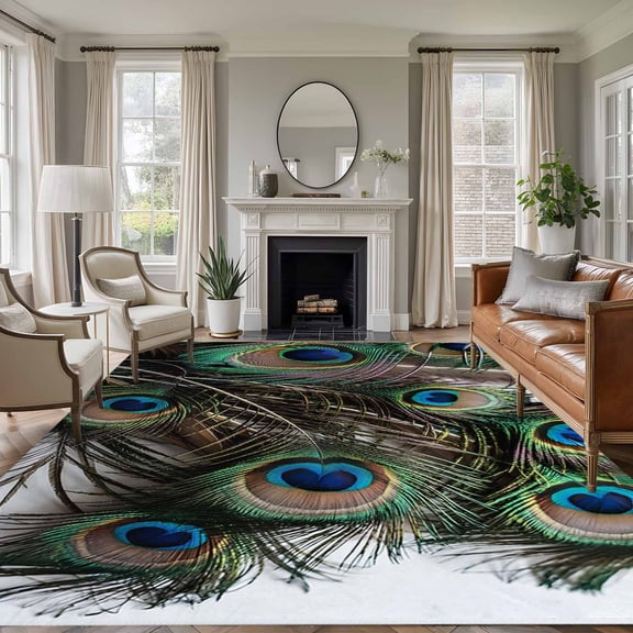 Peacock Feather Area Rugs 5'x8', Washable Small Throw Rugs for Classroom Bedroom, Teal Blue Bird Feather Modern Art Printed Indoor Outdoor Rug Non-Slip Low Pile Carpet Runner Reversible Floor Mats