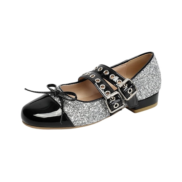 Wo-Fusoul Chaussures Décontractées pour Femmes, Surpiqûres en Cuir Verni Français, Bout Rond Talon Bas avec Talon Épais, Bride Ajustable et Boucle à Nœud, Noir