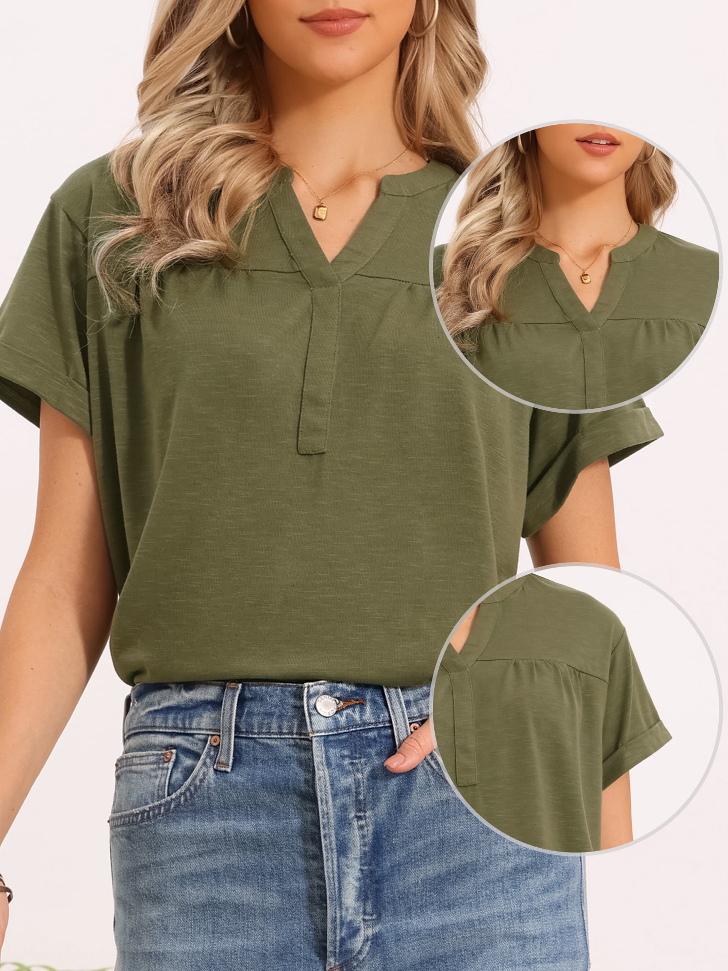 DARING DIVA Women's Summer Short Sleeve Tops V Neck Basic Tee Shirts Blouses L Green