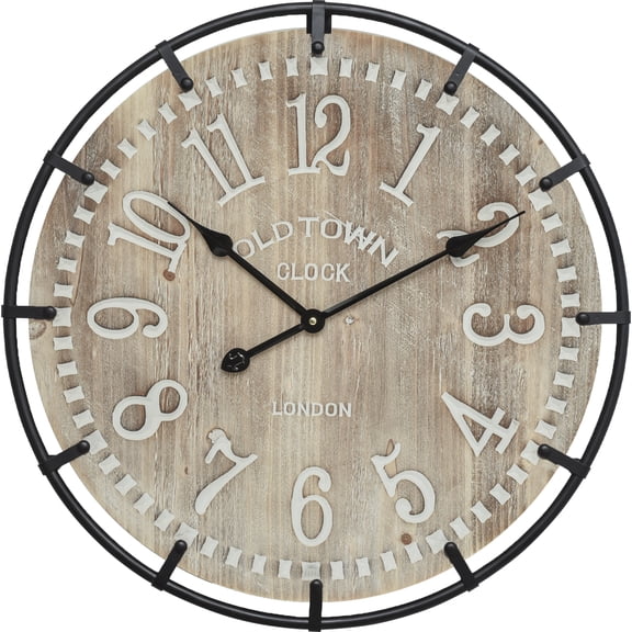 EMAX HOME 24" Round Wall Clock with Arabic Numbers – Silent Quartz, Wood & Iron Frame