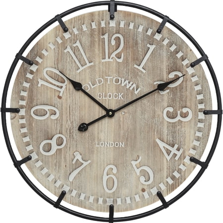 EMAX HOME 24 Round Wall Clock with Arabic Numbers – Silent Quartz, Wood & Iron Frame