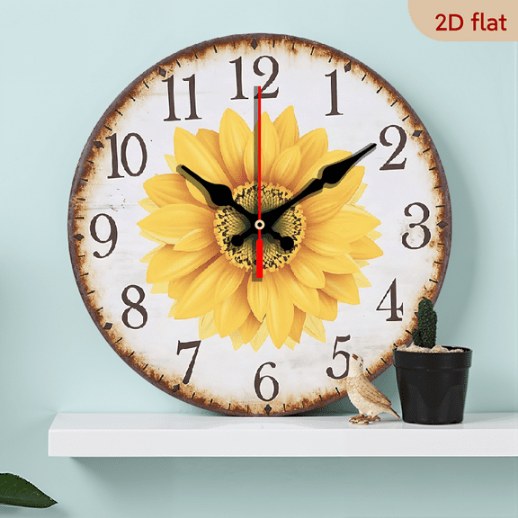 2D Flat 1pc 10Inch Wooden Sunflower Clock Vintage Wall Clock for Home Decor Wall Clock Round Decorative Wall Clock for Home Kitchen Bedroom Timing Tools Chrysanthemum Wall Decoration