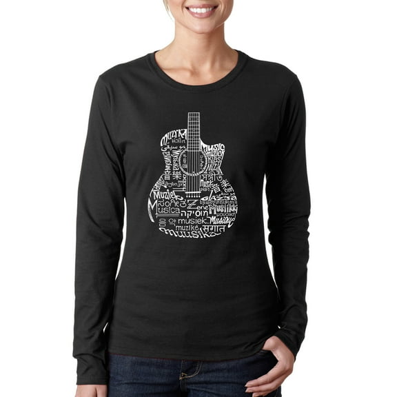 LA Pop Art Women's Word Art Long Sleeve T-Shirt - Languages Guitar