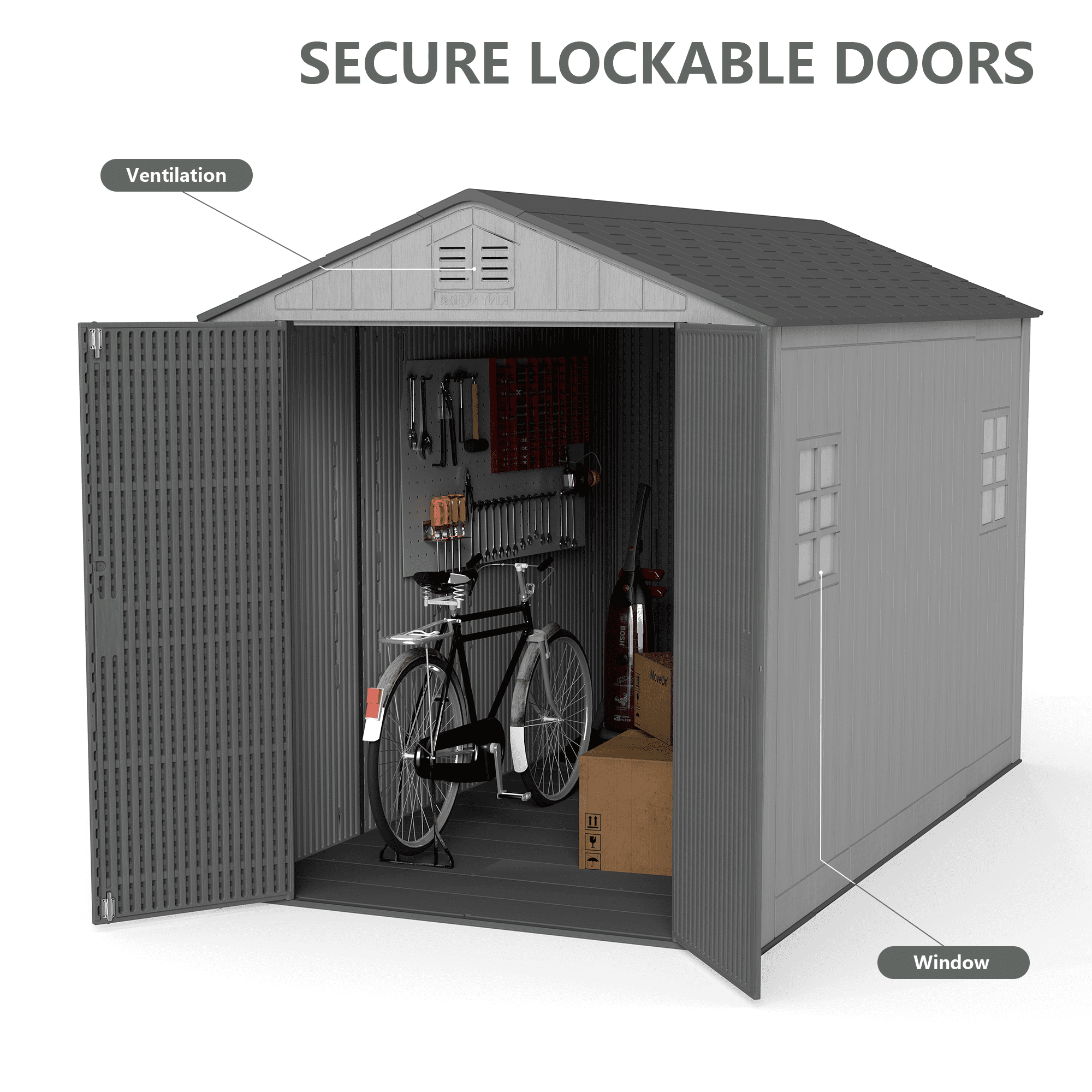 Yardgrace 11x6 Ft Resin Storage Shed with Window & Lockable Door, Double-Layer Plastic Tool Shed with Floor for Tools, Backyard, Patio, Gray