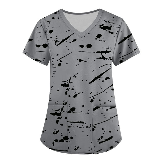LSLJS Women's Fashion Short Sleeve V-Neck Tops Working Uniform Printing Pocket Blouse Tops, Womens Plus Scrubs