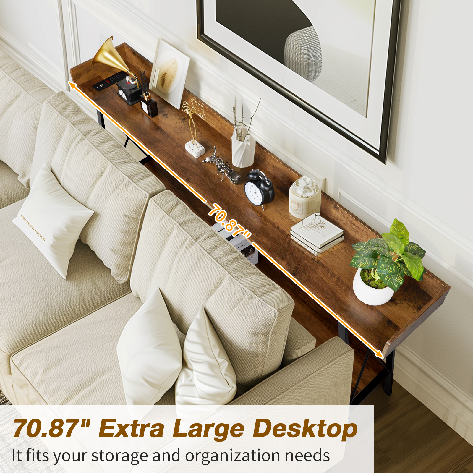 Ktaxon 71in Narrow Console Table with 2 Power Outlets & USB Ports, Rustic Sofa Table Behind Couch for Living Room, Narrow Entryway Hallway Long Bar Table, Brown