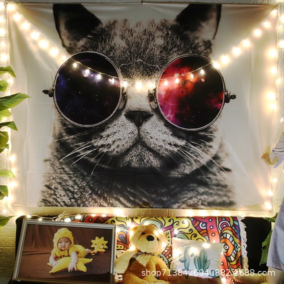 Papel pintado de estilo nórdico digno de Instagram para dormitorios, con un gato con gafas de sol; tela de terciopelo grueso, 200 x 150 cm, con una lámpara de luz de estrellas de 6 m.