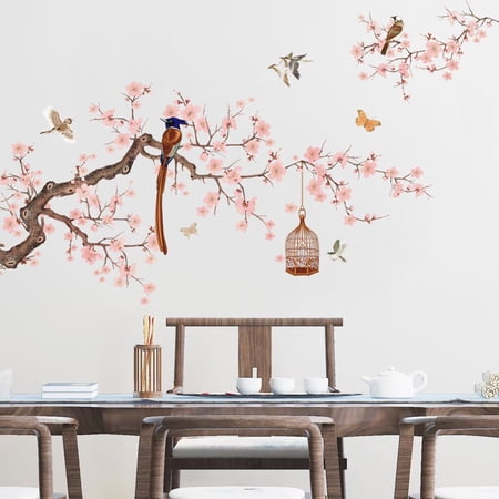 Flower Wall Decals - Chinese Style Wall Stickers - Peach blossoms and birds wall decal - Transparent Peel and Stick Living Room Bedroom Office Wall Decor glass decals