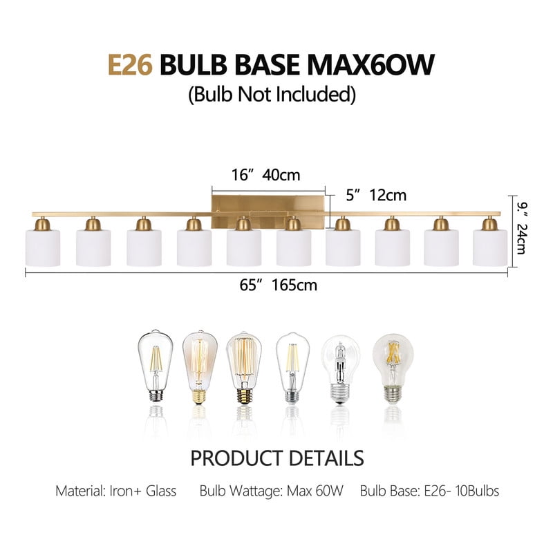 65" Gold Modern Bathroom Vanity Light Fixture - 10-Light Wall Sconce with Milky White Glass Shades for Mirror, Bedroom & Living Room (Bulbs Not Included)